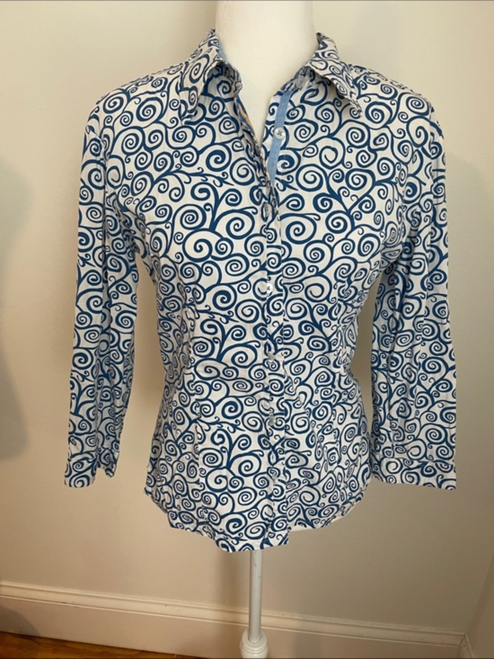 Tizzie Blue & White Swirl Button-down long sleeve Shirt Cotton medium